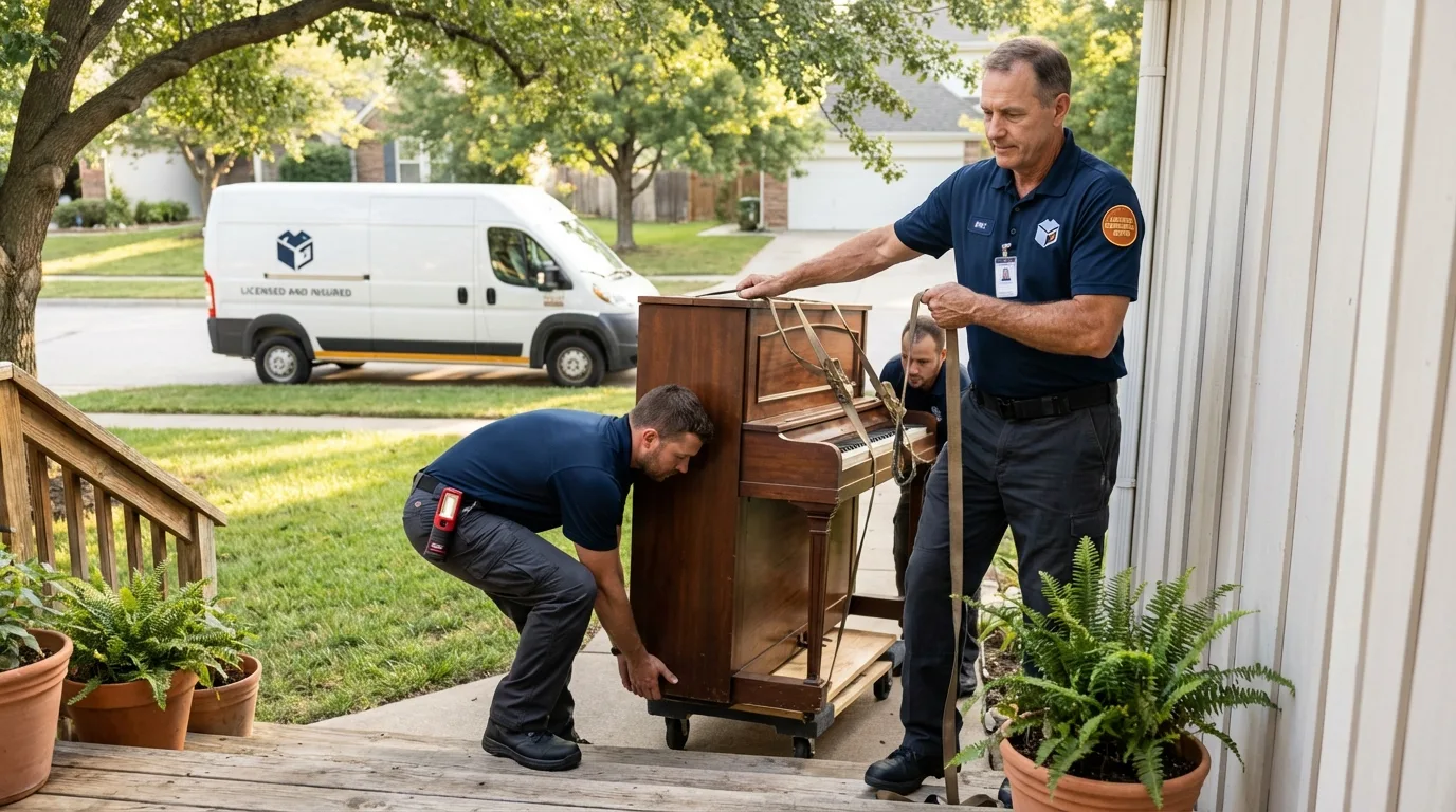 Licensed piano movers securing grand piano in Lisbon Falls, ME