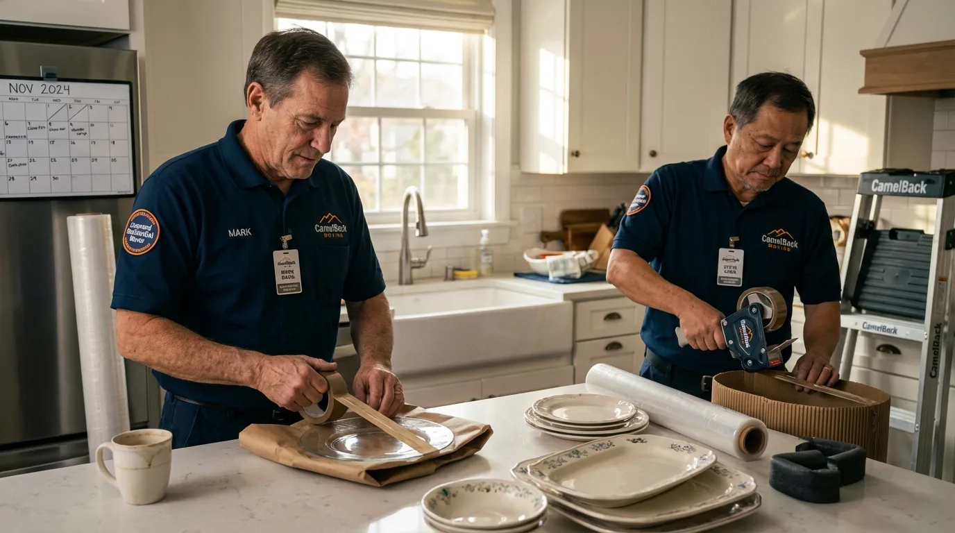 Professional crew packing kitchen dishware in Lisbon Falls, ME